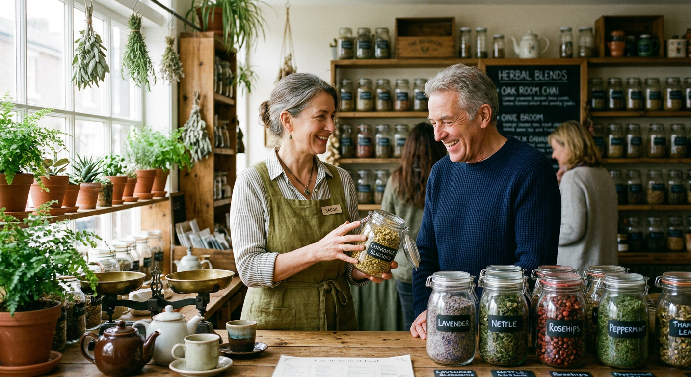 A guest chatting with Bee Leaf at the counter