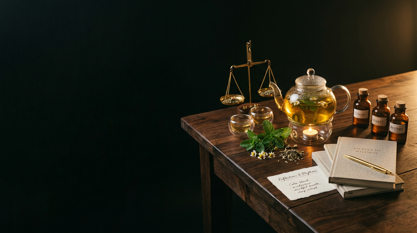 A consultation table with a glass teapot of golden herbal tea, apothecary bottles, fresh mint and a wellness notebook