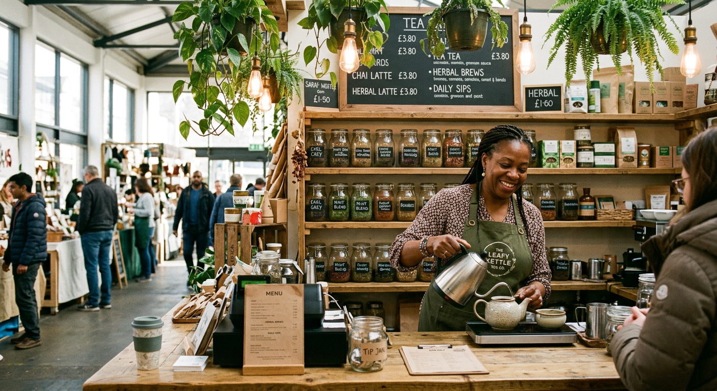 The Bee Leaf counter inside SVRC Marketplace, lined with plants and jars of loose-leaf tea