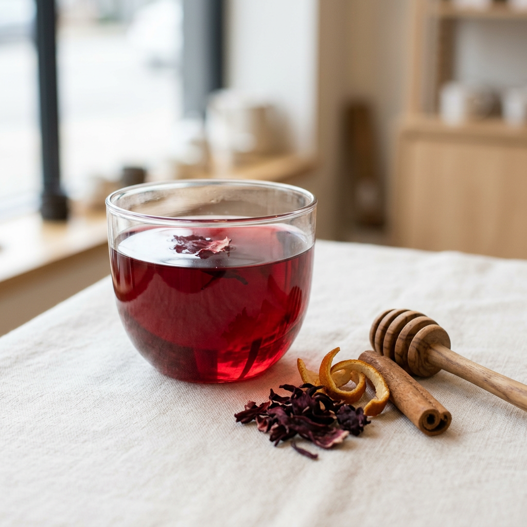 A glass of ruby-red seasonal tea